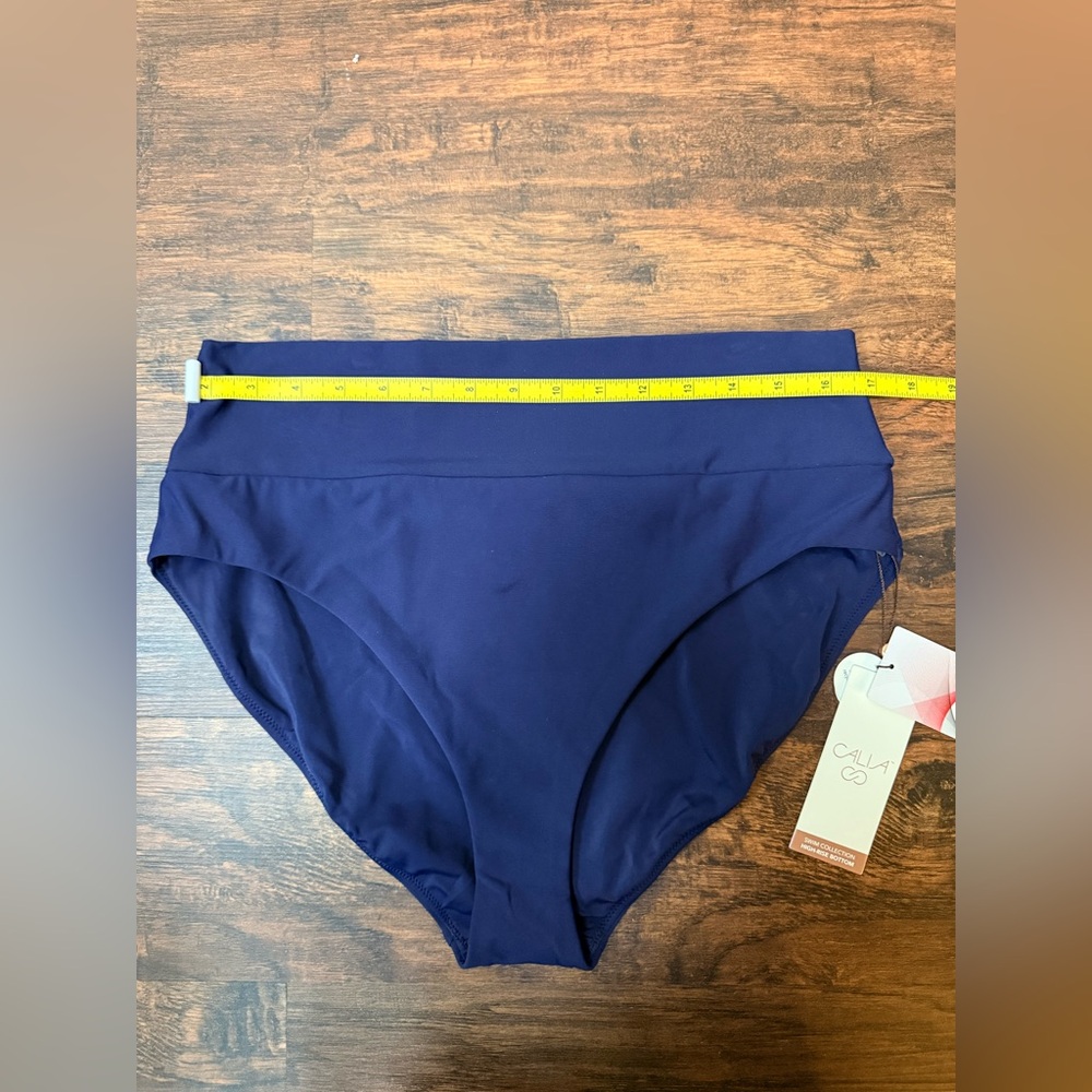 CALIA Wide Banded High Rise High Leg Swim Bottoms Navy Blue Sz L Flattering NWT - Picture 8 of 11